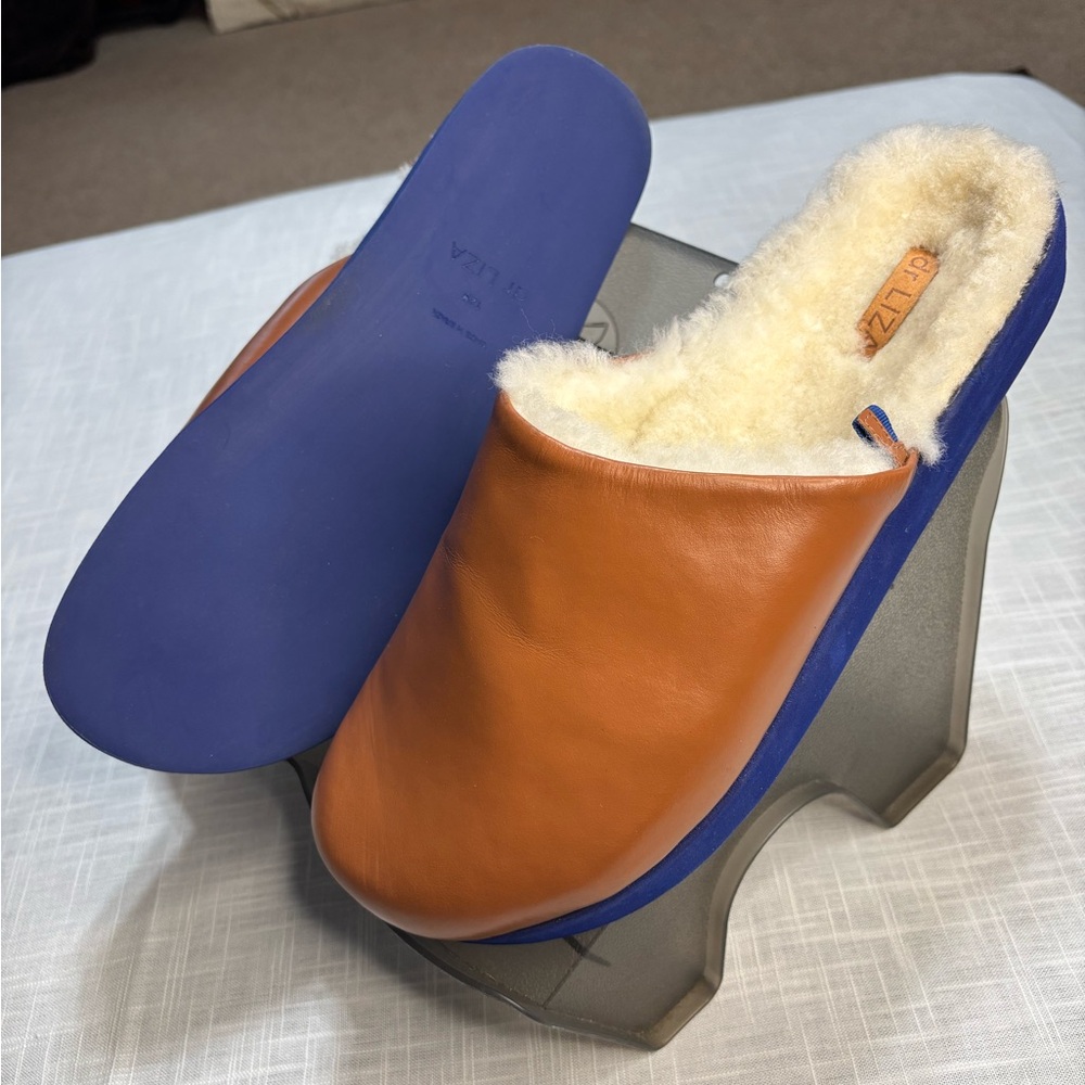 dr Liza Cozy Brown Leather Slides with Blue Soles and shearling interior